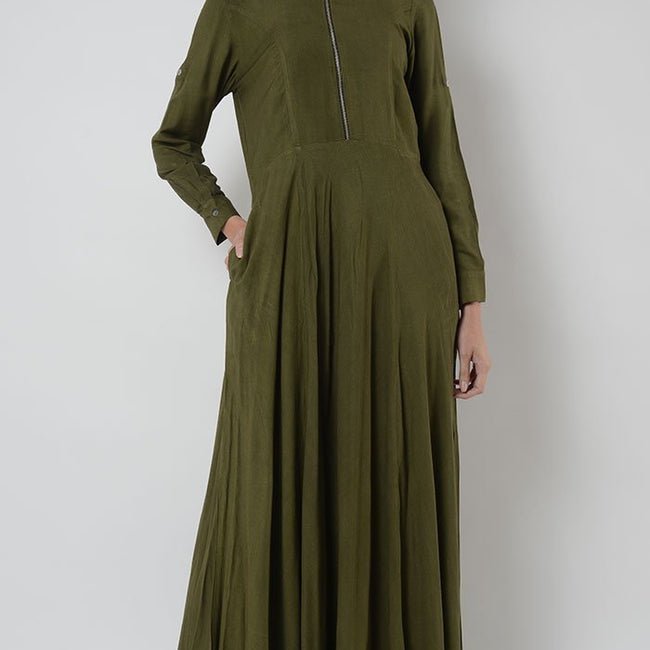 Metallic Zipper Detail Fit And Flared Abaya Dress - EastEssence.com