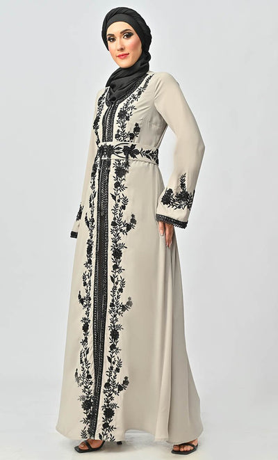 Mexico Style Beautiful Sequins And Zari Work Detailing Abaya With Hijab Belt And Pockets - Final Sale - EastEssence.com