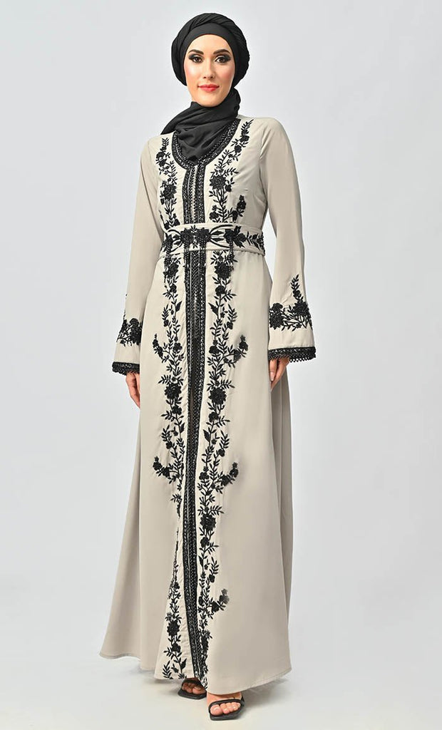 Mexico Style Beautiful Sequins And Zari Work Detailing Abaya With Hijab Belt And Pockets - Final Sale - EastEssence.com