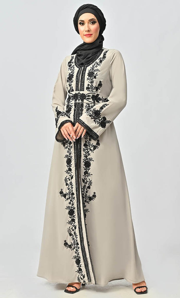 Mexico Style Beautiful Sequins And Zari Work Detailing Abaya With Hijab Belt And Pockets - Final Sale - EastEssence.com