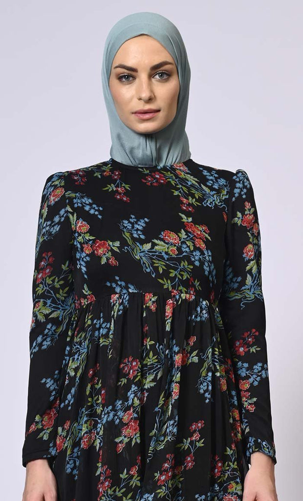 Midnight Blooms Printed Abaya with Belt and Hijab - Final Sale - EastEssence.com