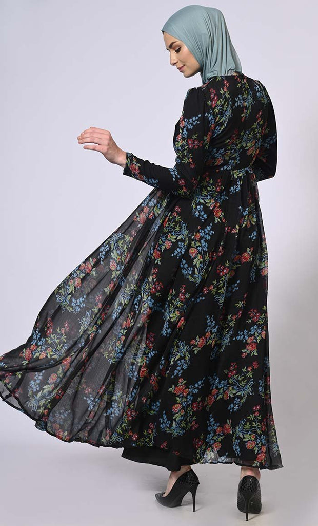 Midnight Blooms Printed Abaya with Belt and Hijab - Final Sale - EastEssence.com