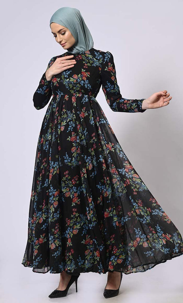 Midnight Blooms Printed Abaya with Belt and Hijab - Final Sale - EastEssence.com