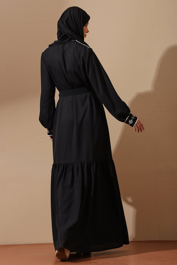 Midnight Grace Black Embroidered Abaya with Belt - EastEssence.com