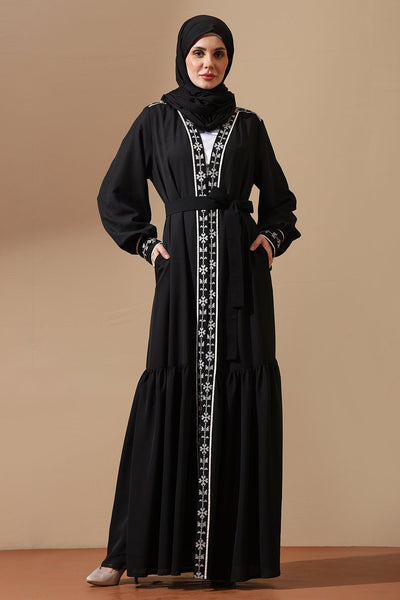 Midnight Grace Black Embroidered Abaya with Belt - EastEssence.com