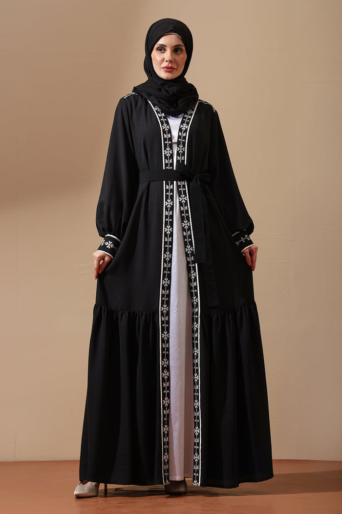 Midnight Grace Black Embroidered Abaya with Belt - EastEssence.com