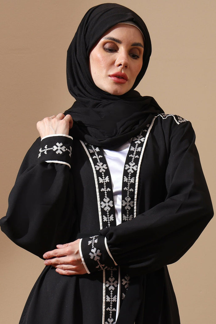 Midnight Grace Black Embroidered Abaya with Belt - EastEssence.com