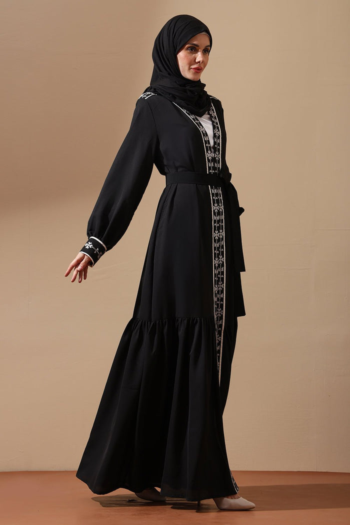 Midnight Grace Black Embroidered Abaya with Belt - EastEssence.com