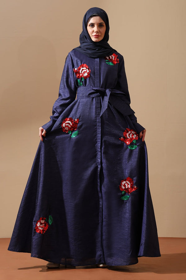 Midnight Rose Embellished Belted Abaya - EastEssence.com