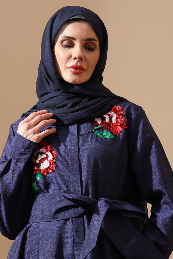 Midnight Rose Embellished Belted Abaya - EastEssence.com