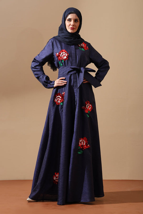 Midnight Rose Embellished Belted Abaya - EastEssence.com