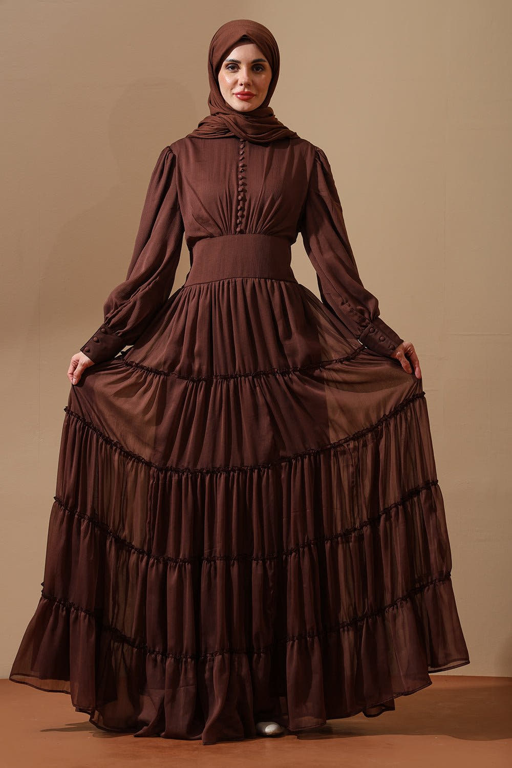 Mocha Grace Tiered Flared Maxi Abaya