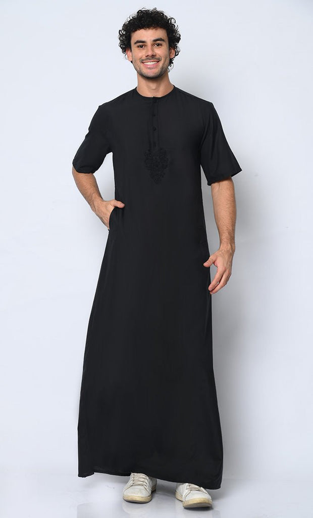 Modern Classic: Men's Black Thobe with Embroidered Motif and Pockets - EastEssence.com