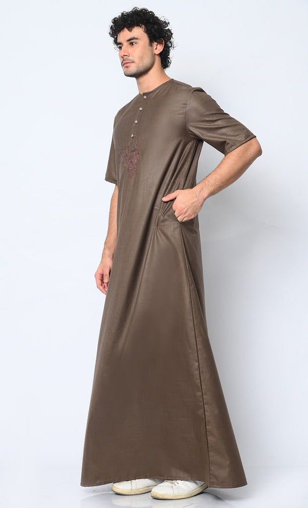 Modern Classic: Men's Brown Thobe with Embroidered Motif and Pockets - EastEssence.com