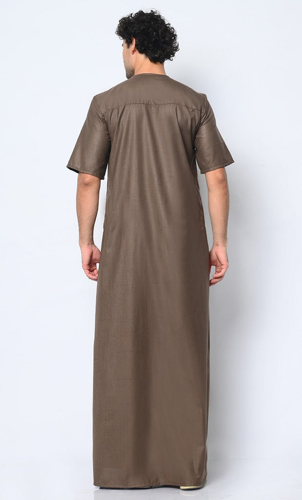 Modern Classic: Men's Brown Thobe with Embroidered Motif and Pockets - EastEssence.com