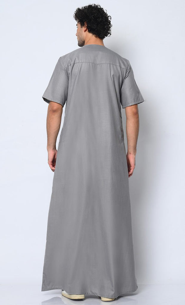 Modern Classic: Men's Grey Thobe with Embroidered Motif and Pockets - EastEssence.com