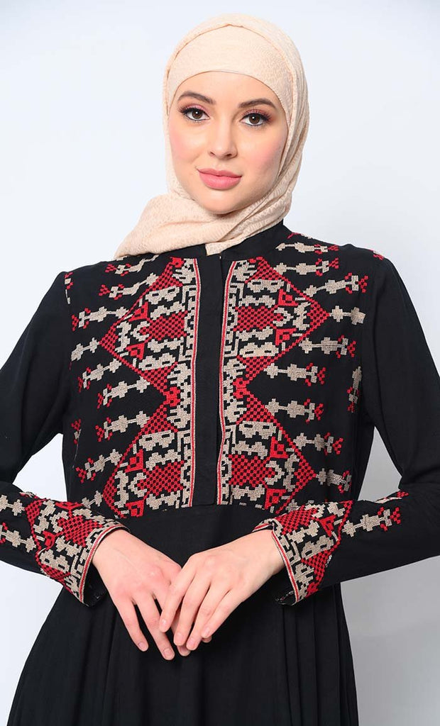 Modern Cross Stitch Embroidered Black Abaya with Pockets - EastEssence.com