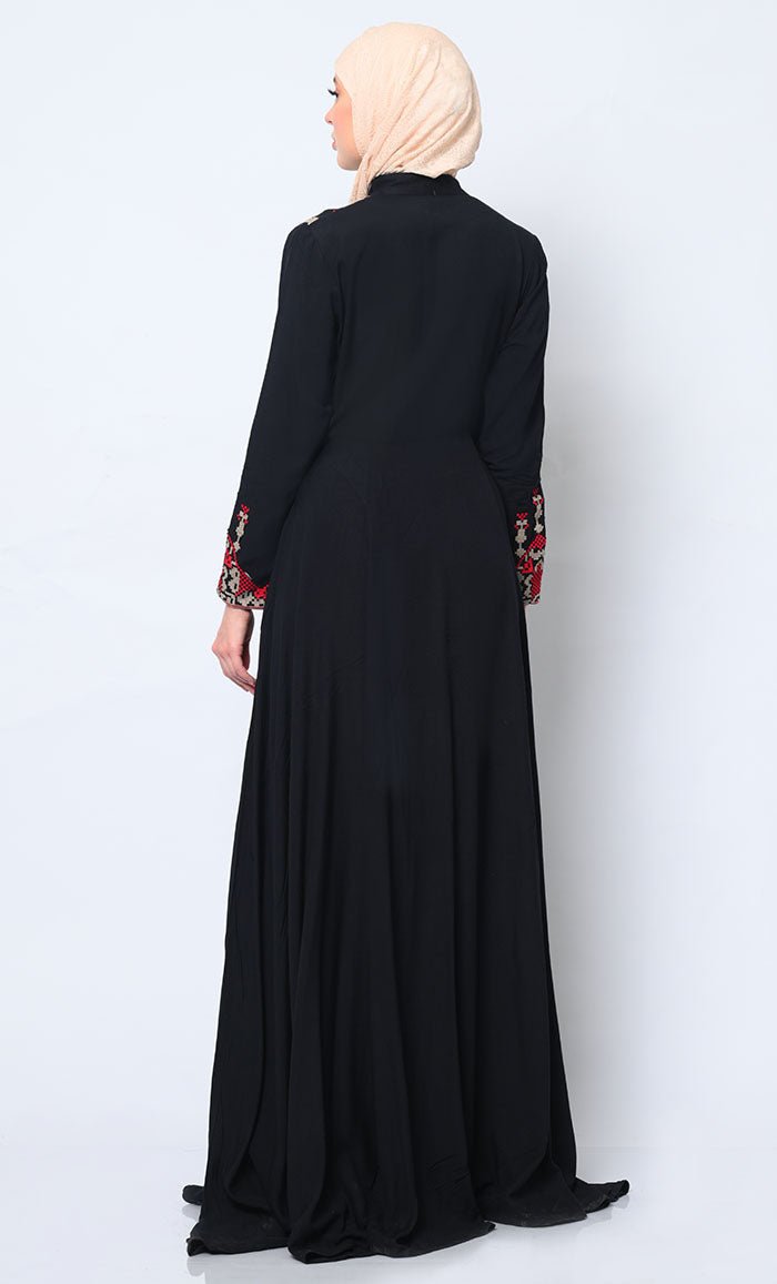 Modern Cross Stitch Embroidered Black Abaya with Pockets - EastEssence.com