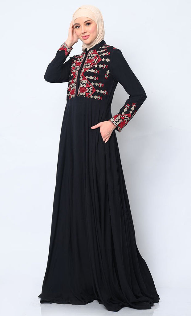 Modern Cross Stitch Embroidered Black Abaya with Pockets - EastEssence.com