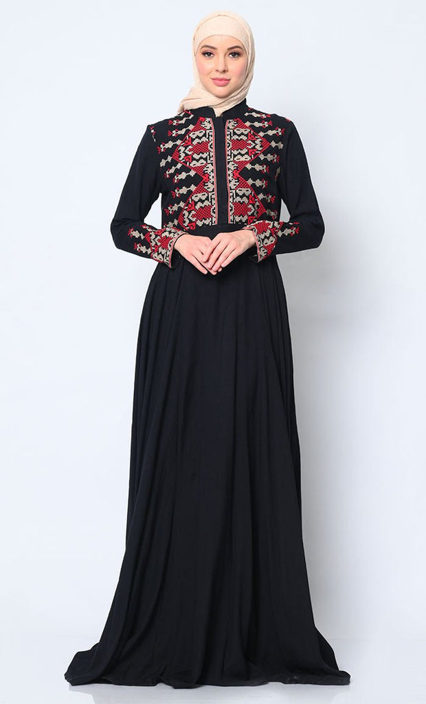 Modern Cross Stitch Embroidered Black Abaya with Pockets - EastEssence.com