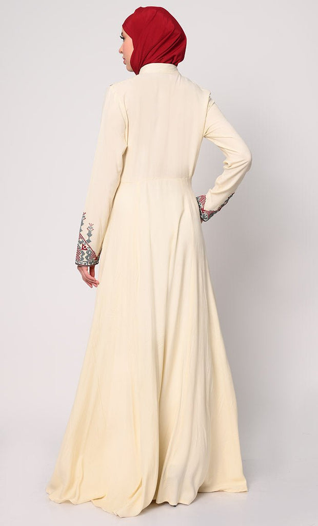 Modern Cross Stitch Embroidered Cream Abaya with Pockets - EastEssence.com