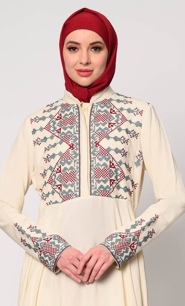 Modern Cross Stitch Embroidered Cream Abaya with Pockets - EastEssence.com