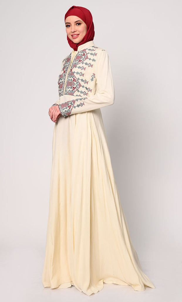 Modern Cross Stitch Embroidered Cream Abaya with Pockets - EastEssence.com