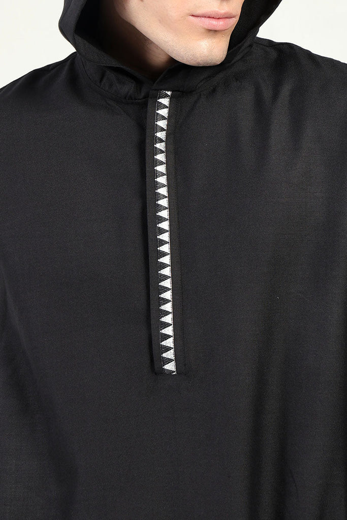 Modern Hooded Thobe with Lace Detailing & Zipper Opening - Black - EastEssence.com