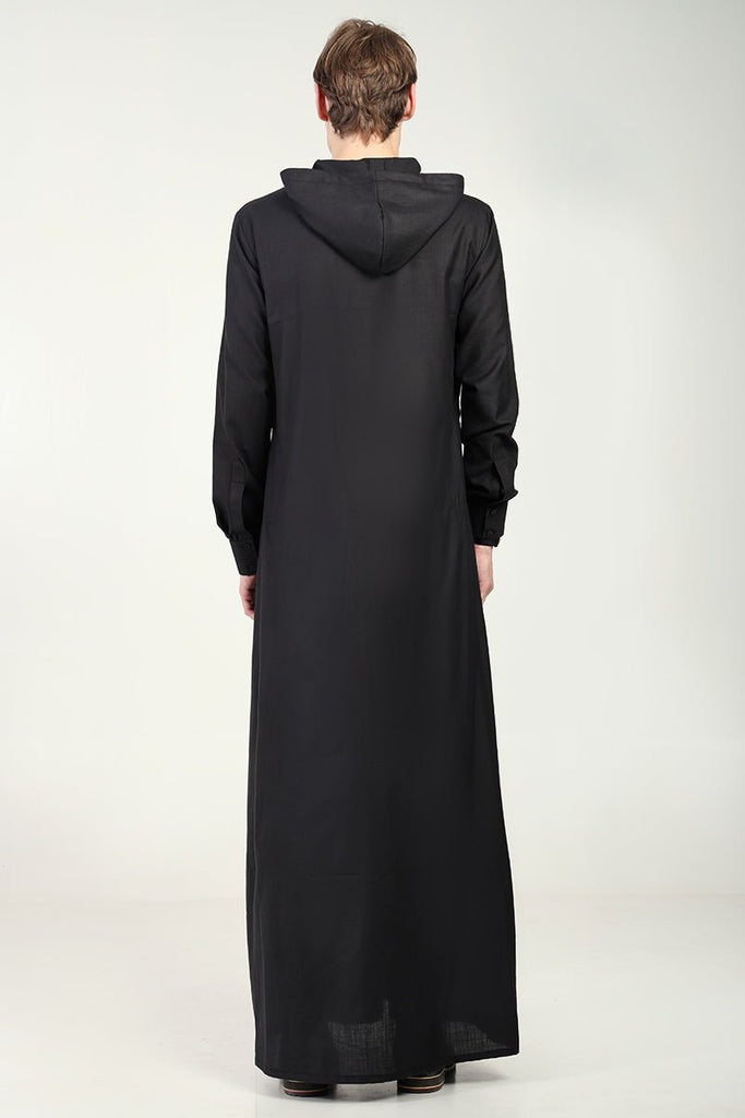 Modern Hooded Thobe with Lace Detailing & Zipper Opening - Black - EastEssence.com