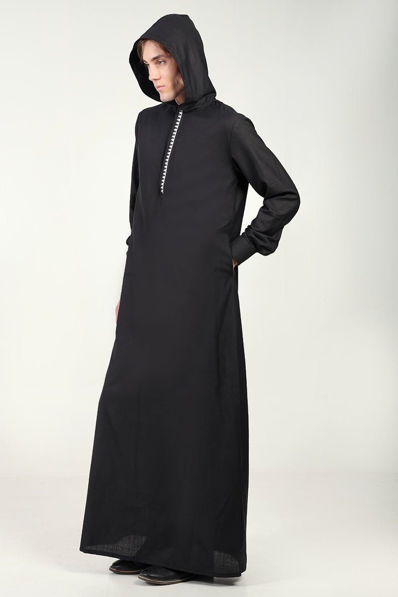 Modern Hooded Thobe with Lace Detailing & Button Opening-Black