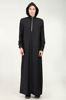 Modern Hooded Thobe with Lace Detailing & Zipper Opening - Black - EastEssence.com