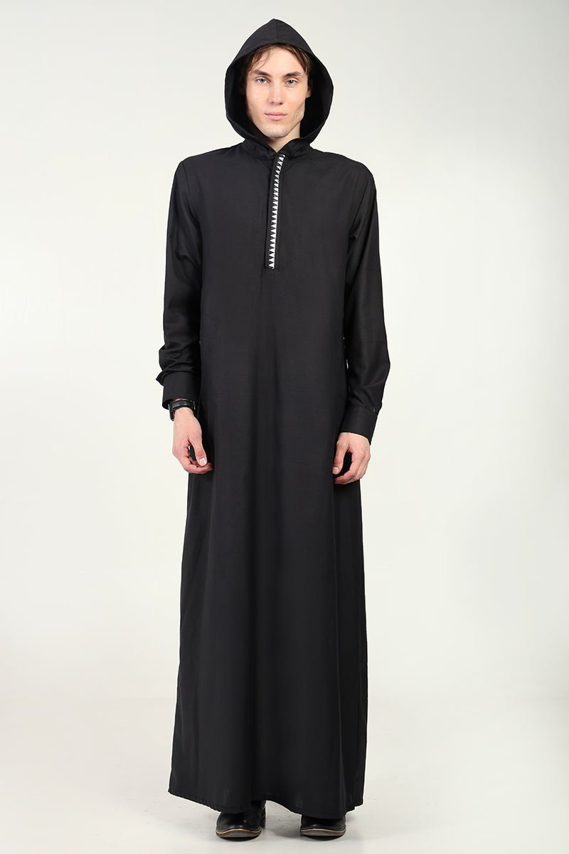 Modern Hooded Thobe with Lace Detailing & Button Opening-Black