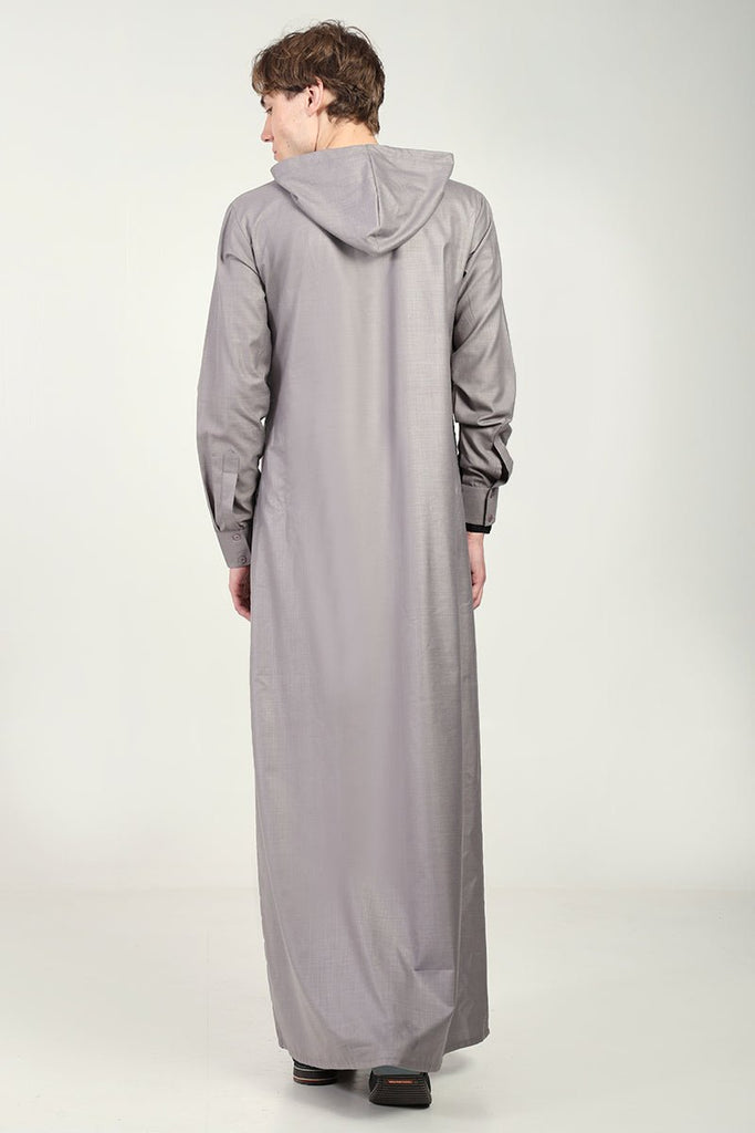 Modern Hooded Thobe with Lace Detailing & Zipper Opening - Grey - EastEssence.com