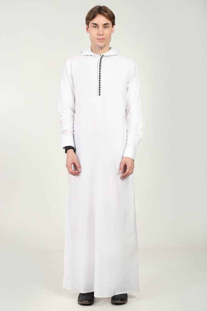 Modern Hooded Thobe with Lace Detailing & Zipper Opening - White - EastEssence.com