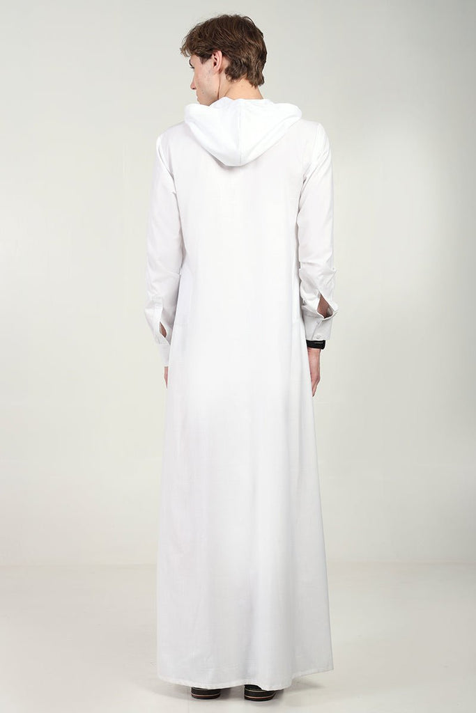 Modern Hooded Thobe with Lace Detailing & Zipper Opening - White - EastEssence.com