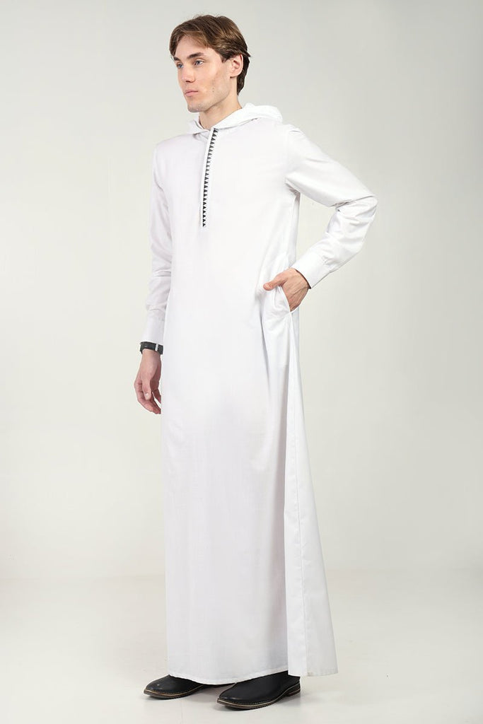 Modern Hooded Thobe with Lace Detailing & Zipper Opening - White - EastEssence.com