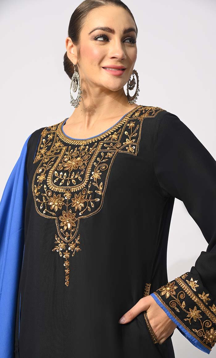 Modern Tradition: Machine Embroidered 3 Pc Black Salwar Kameez with Classic Handwork - EastEssence.com