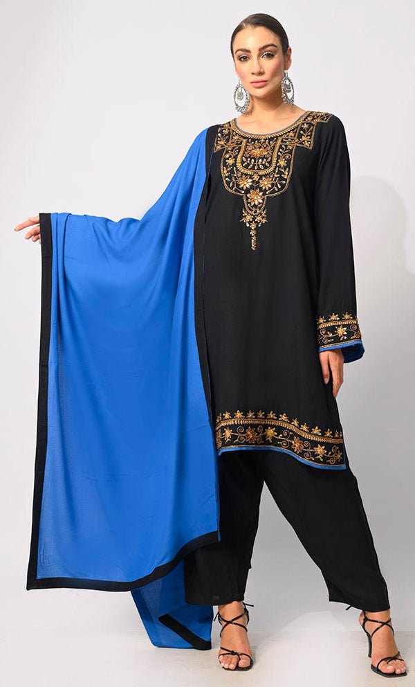 Modern Tradition: Machine Embroidered 3 Pc Black Salwar Kameez with Classic Handwork - EastEssence.com