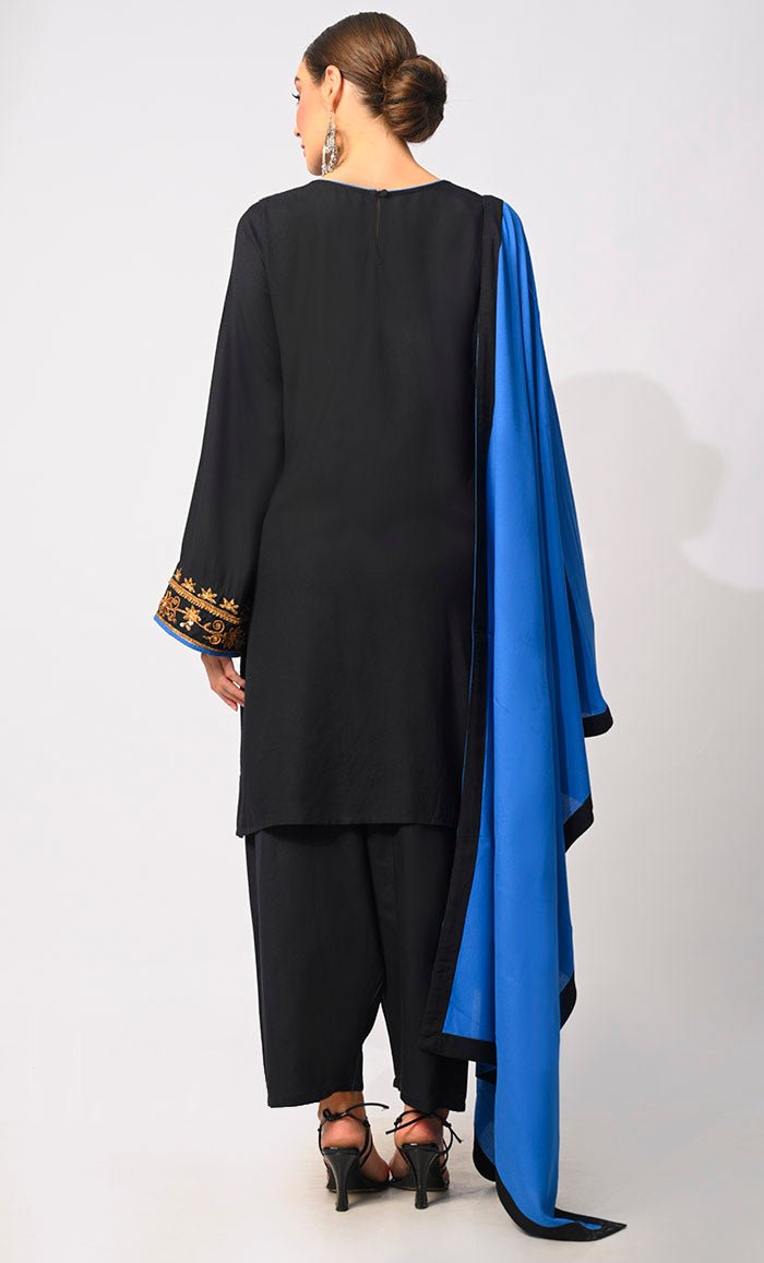 Modern Tradition: Machine Embroidered 3 Pc Black Salwar Kameez with Classic Handwork - EastEssence.com