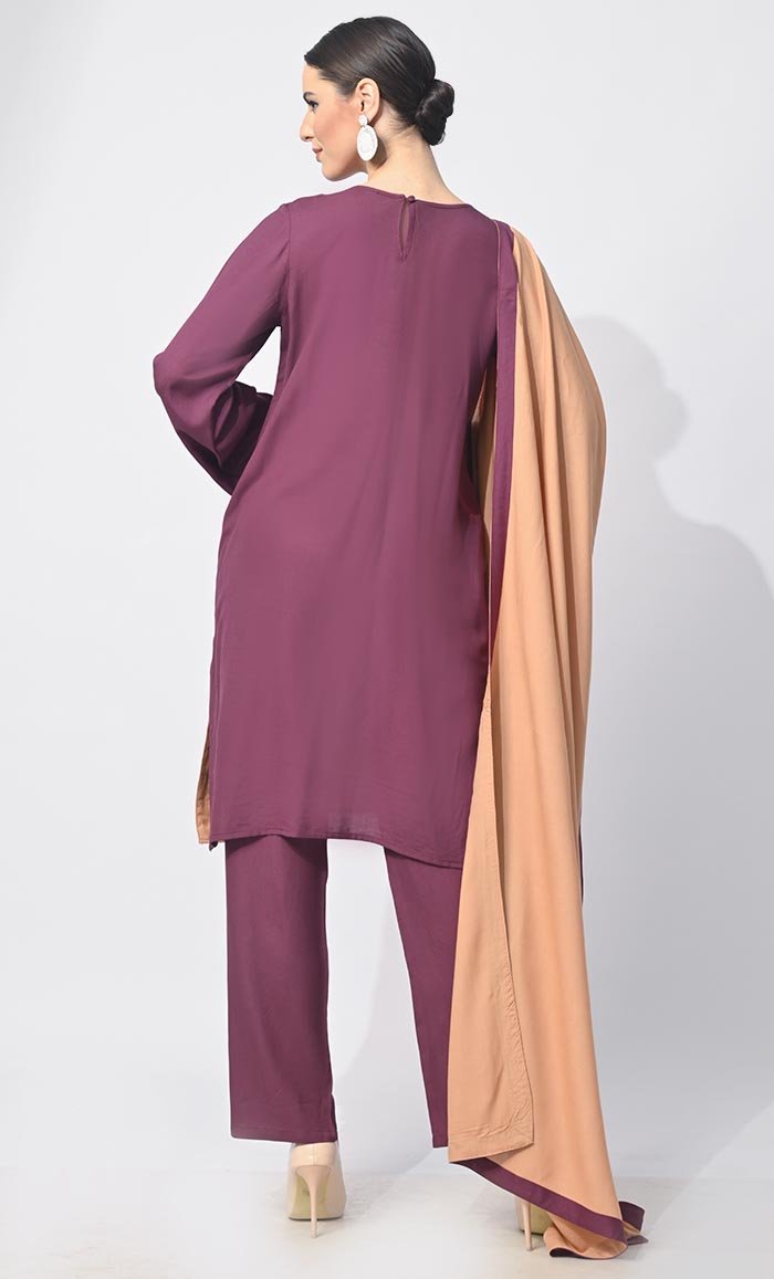 Modern Tradition: Machine Embroidered 3 Pc Wine Salwar Kameez with Classic Handwork - EastEssence.com