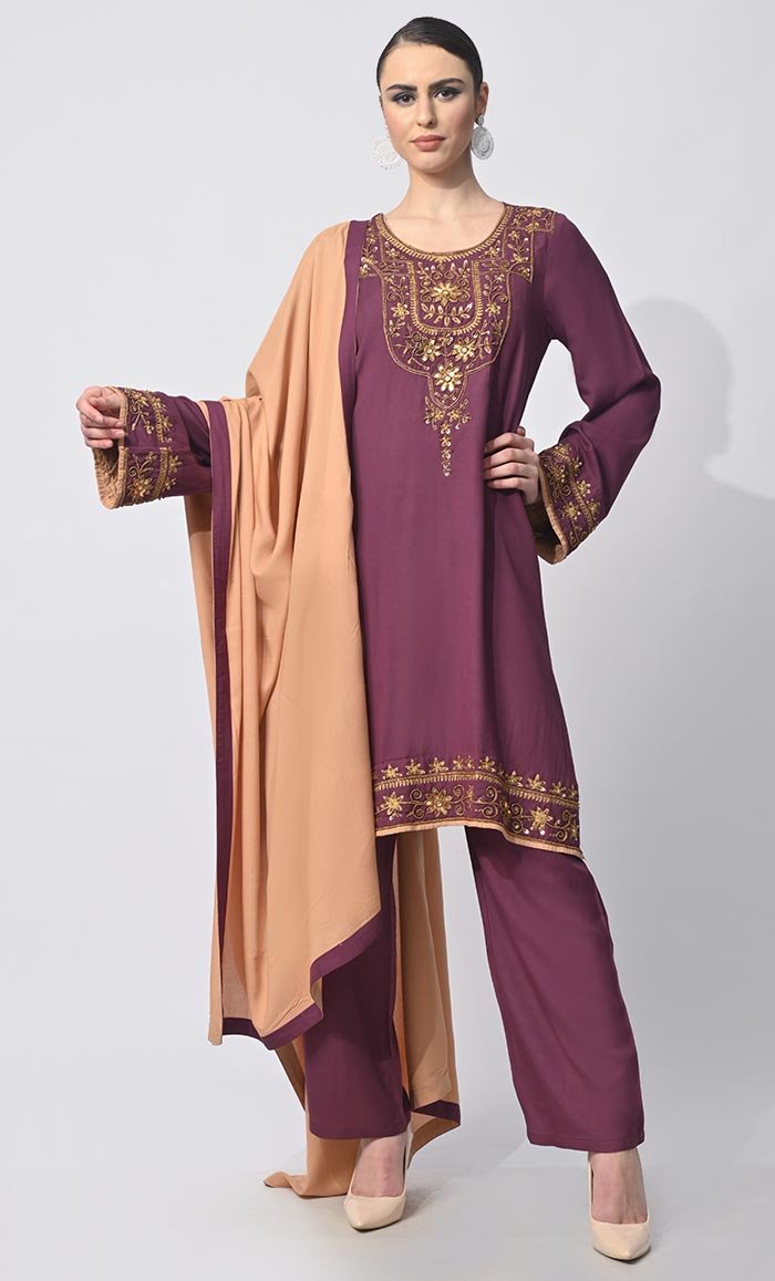 Modern Tradition: Machine Embroidered 3 Pc Wine Salwar Kameez with Classic Handwork - EastEssence.com