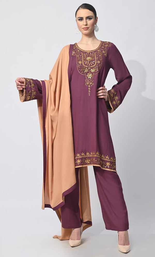 Modern Tradition: Machine Embroidered 3 Pc Wine Salwar Kameez with Classic Handwork - EastEssence.com