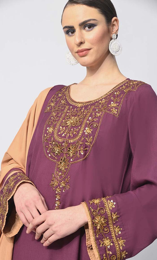 Modern Tradition: Machine Embroidered 3 Pc Wine Salwar Kameez with Classic Handwork - EastEssence.com