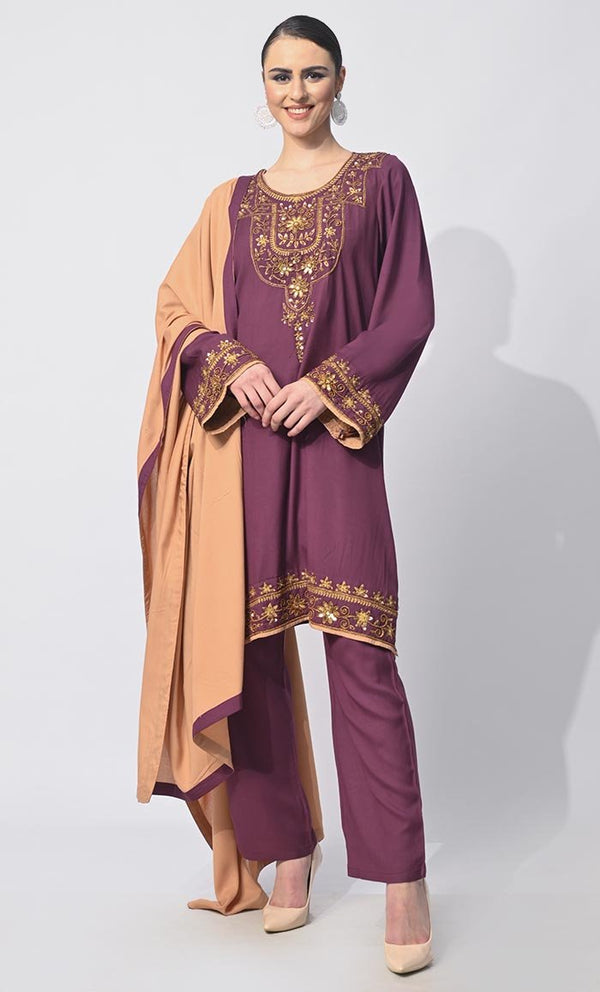 Modern Tradition: Machine Embroidered 3 Pc Wine Salwar Kameez with Classic Handwork - EastEssence.com
