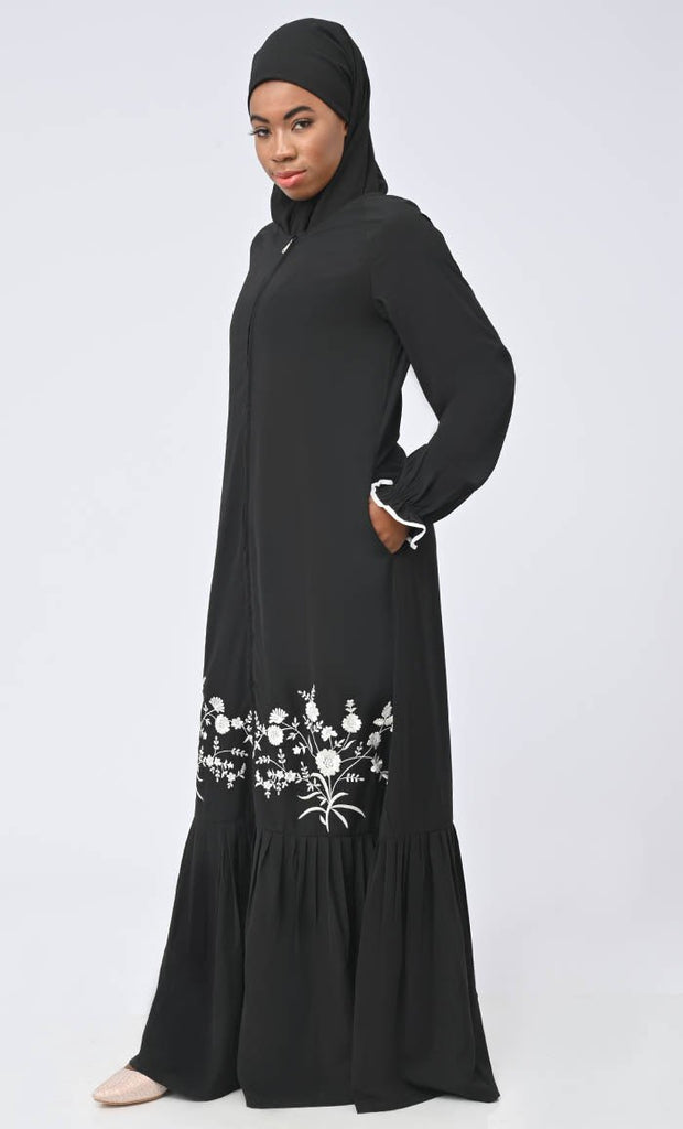 Modest Arabic Inida White Embroidered Abaya With Pockets - Final Sale - EastEssence.com