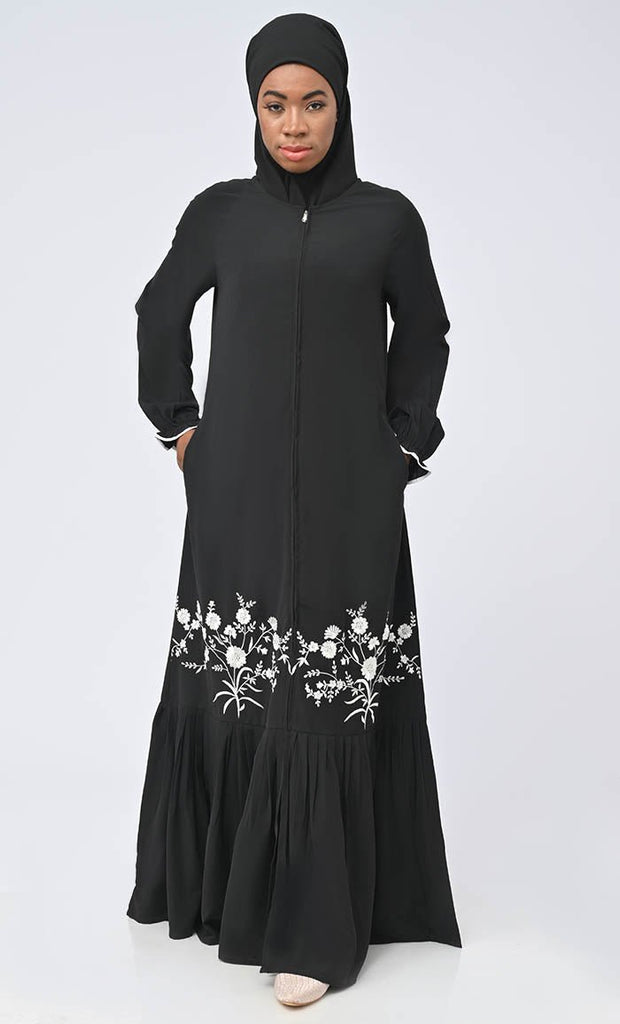 Modest Arabic Inida White Embroidered Abaya With Pockets - Final Sale - EastEssence.com