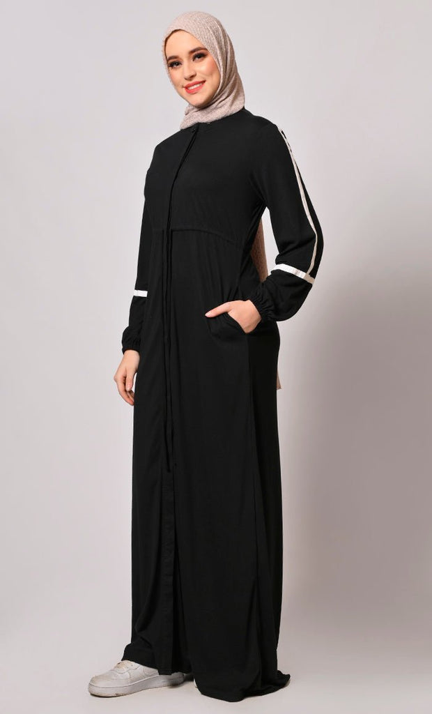 Modest Athleisure: Sporty Black Abaya with Pockets - Final Sale - EastEssence.com