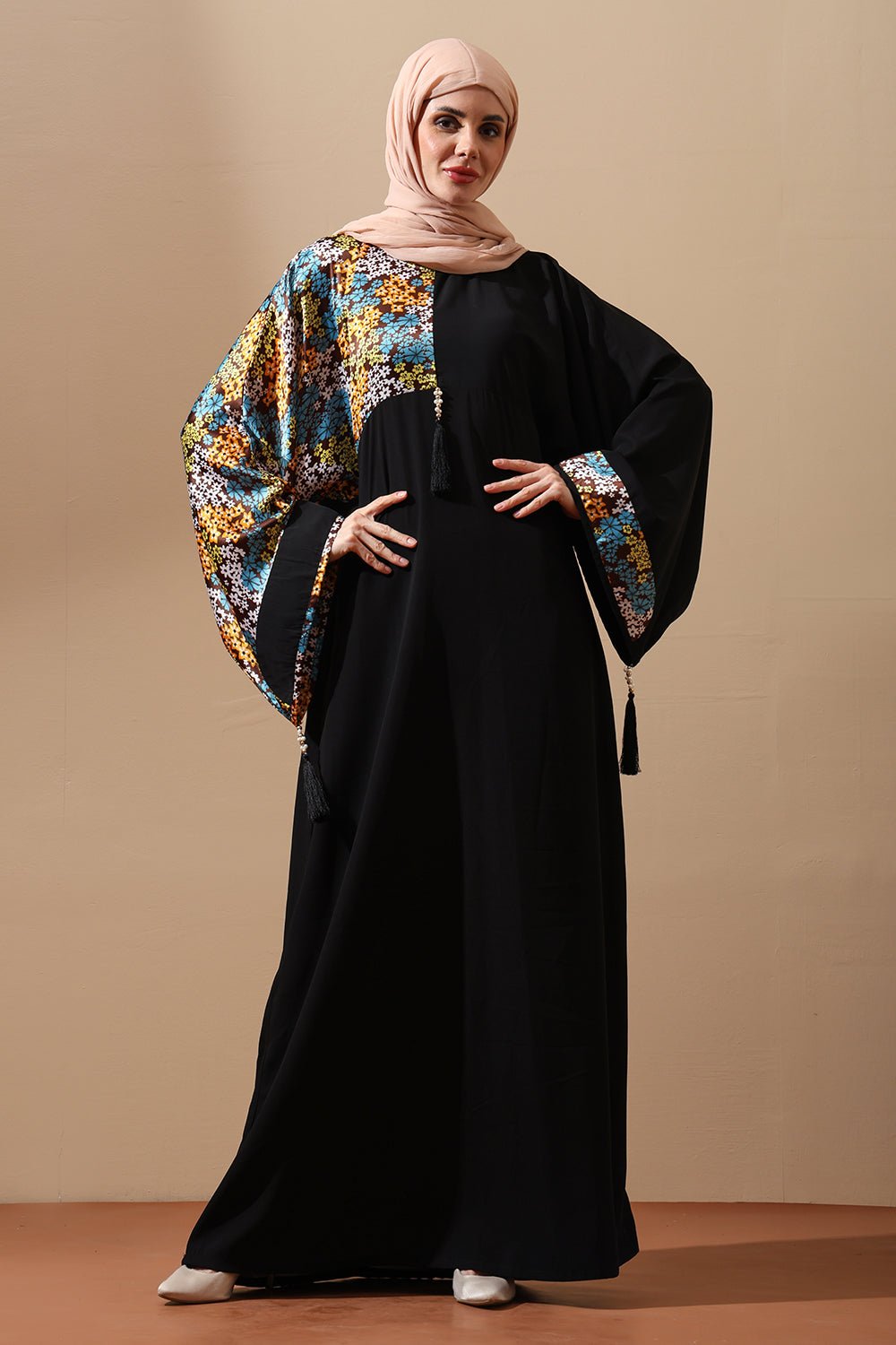Modest Black Maxi Abaya with Colorful Sleeve Accents - EastEssence.com