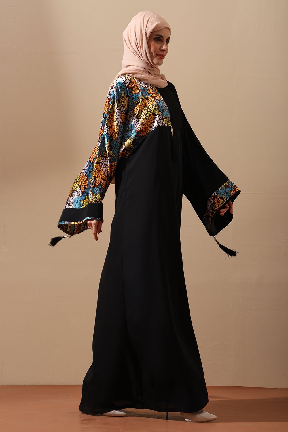 Modest Black Maxi Abaya with Colorful Sleeve Accents - EastEssence.com