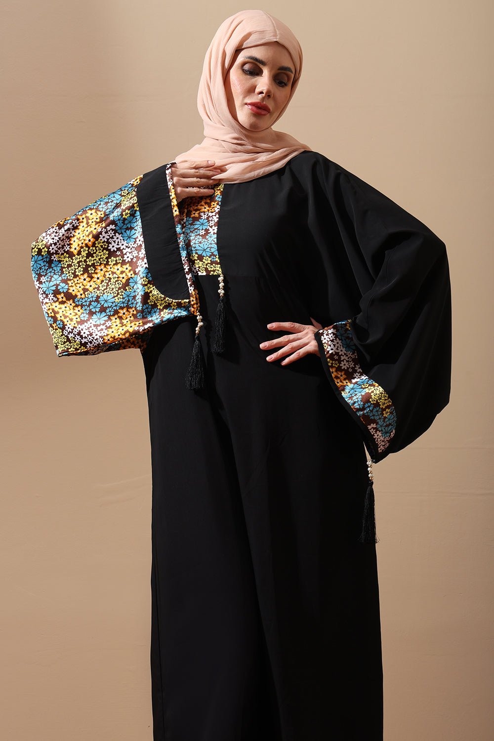 Modest Black Maxi Abaya with Colorful Sleeve Accents - EastEssence.com